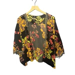 Black Floral Kimono Cardigan Lace Trim